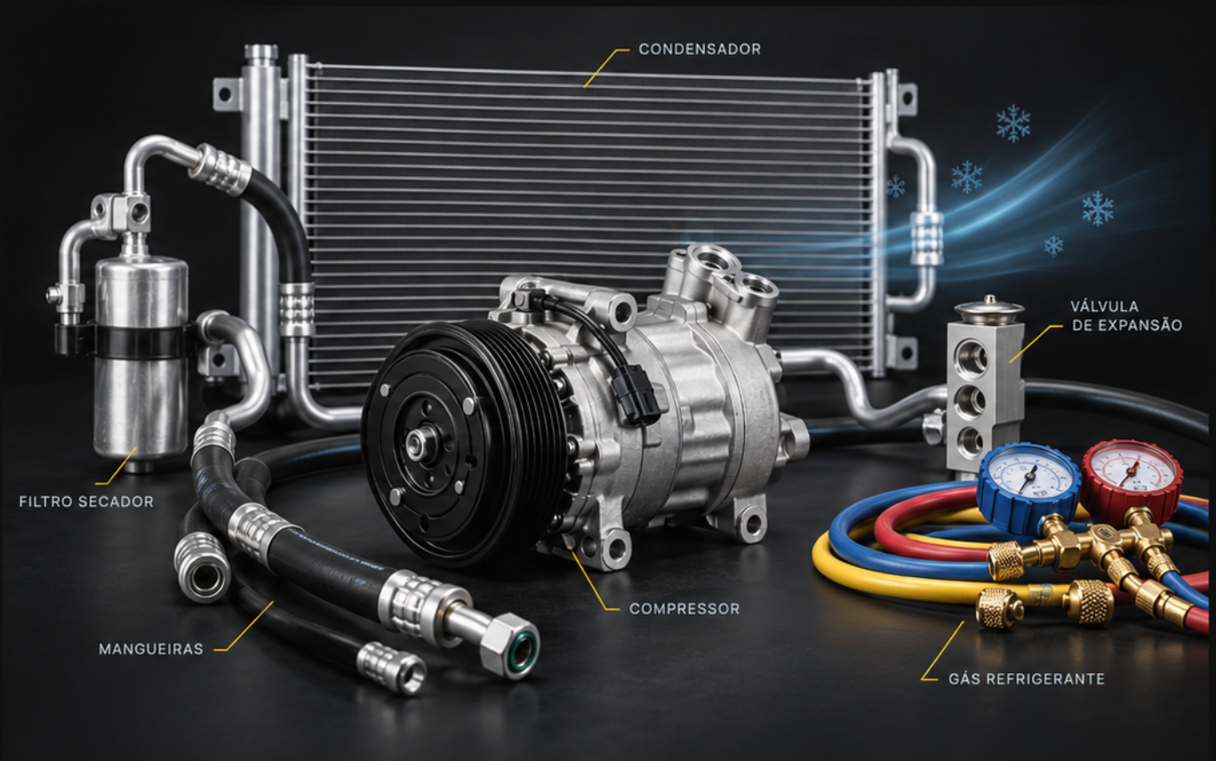 Componentes do ar-condicionado automotivo: condensador, compressor, filtro secador, mangueiras e válvula de expansão